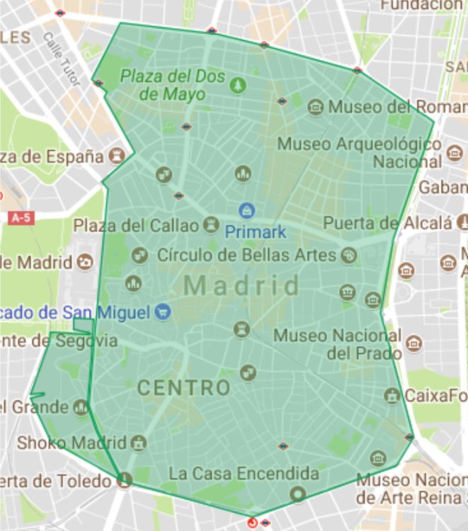 Área de Madrid Central, sin incluir el tramo hasta Serrano Jover