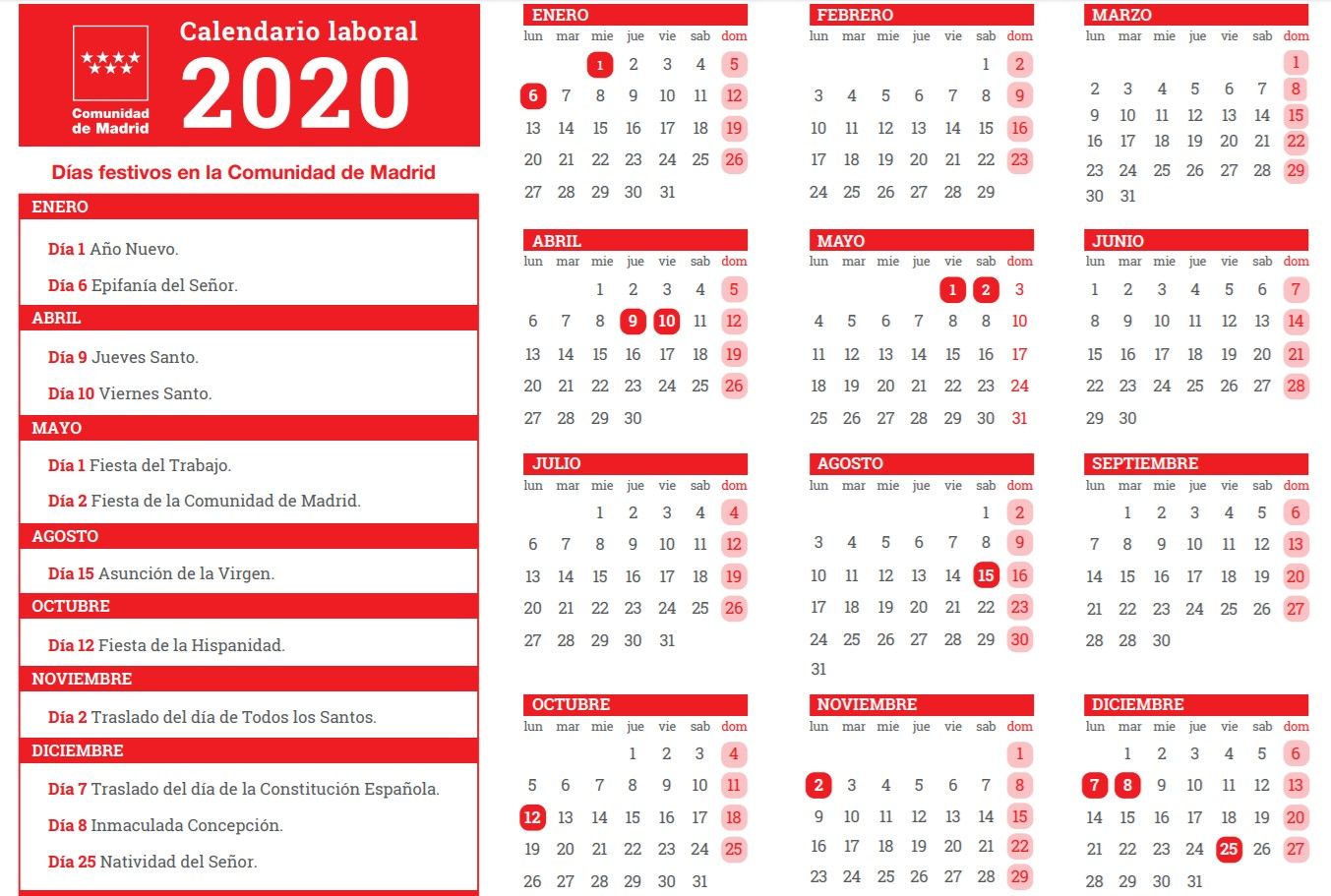 Calendario Laboral 2020 En Madrid Dos Festivos Se Trasladan Al